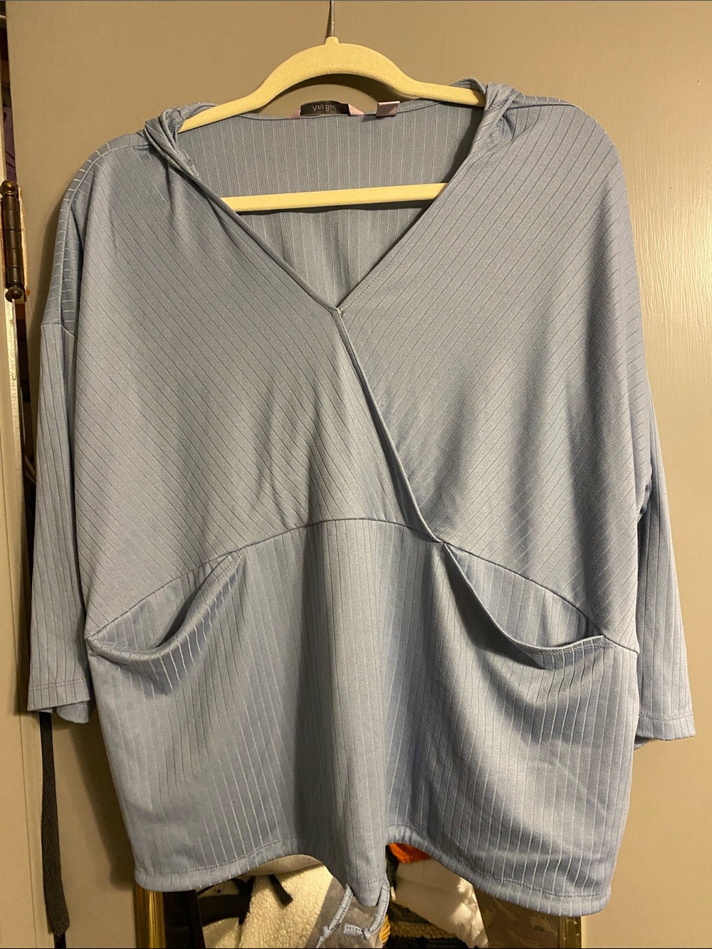 AnyBody Ribbed Hooded Top in Dusty Blue